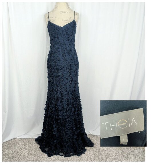 Theia Dresses & Skirts - Theia Blue 3D Floral Gown Dress 6 Sleeveless